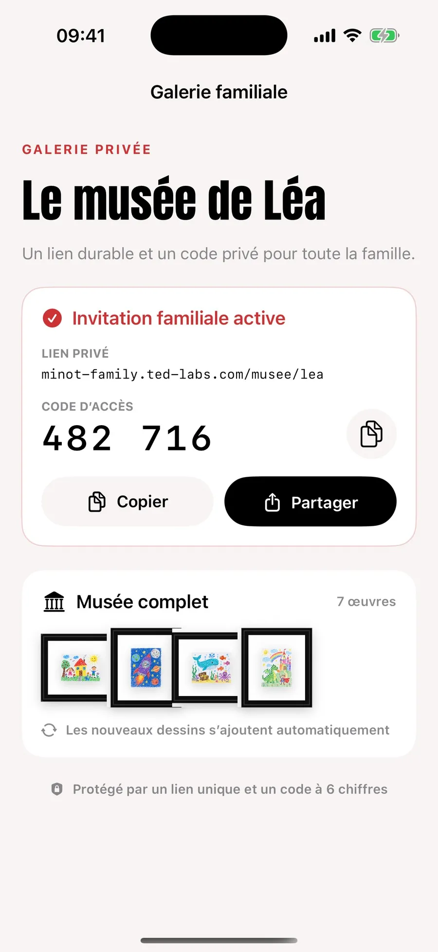L'écran Galerie familiale de Minot avec le lien privé, le code d'accès à six chiffres et la mention que les nouveaux dessins s'ajoutent automatiquement