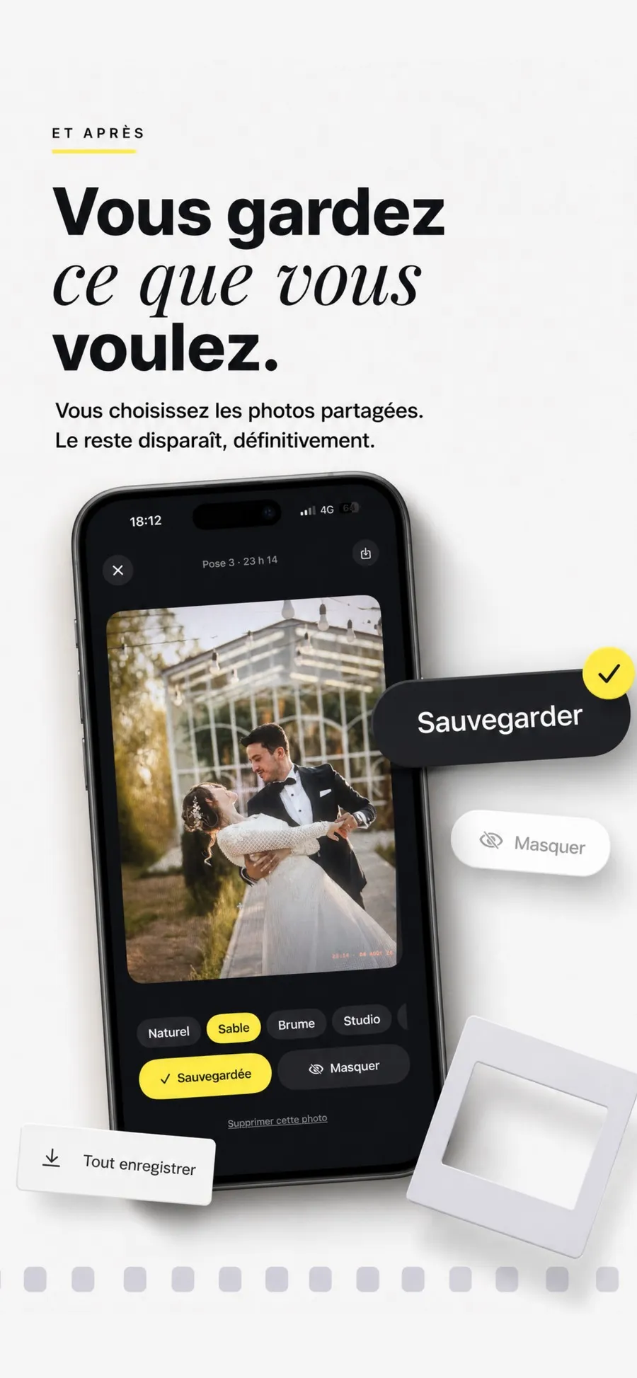 L'écran de tri de Film 36 sur une photo de mariage, avec les boutons sauvegarder et masquer, le choix de pellicule et le lien pour supprimer la photo