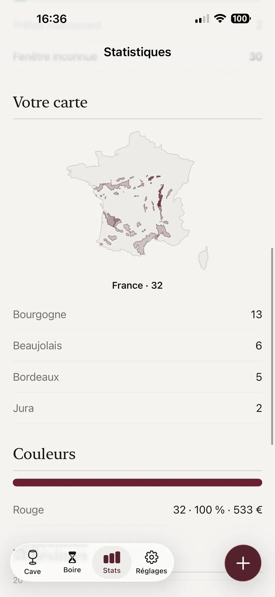 La carte des régions dans Kav, une France en teintes bordeaux avec le détail par région, treize bouteilles en Bourgogne et six en Beaujolais