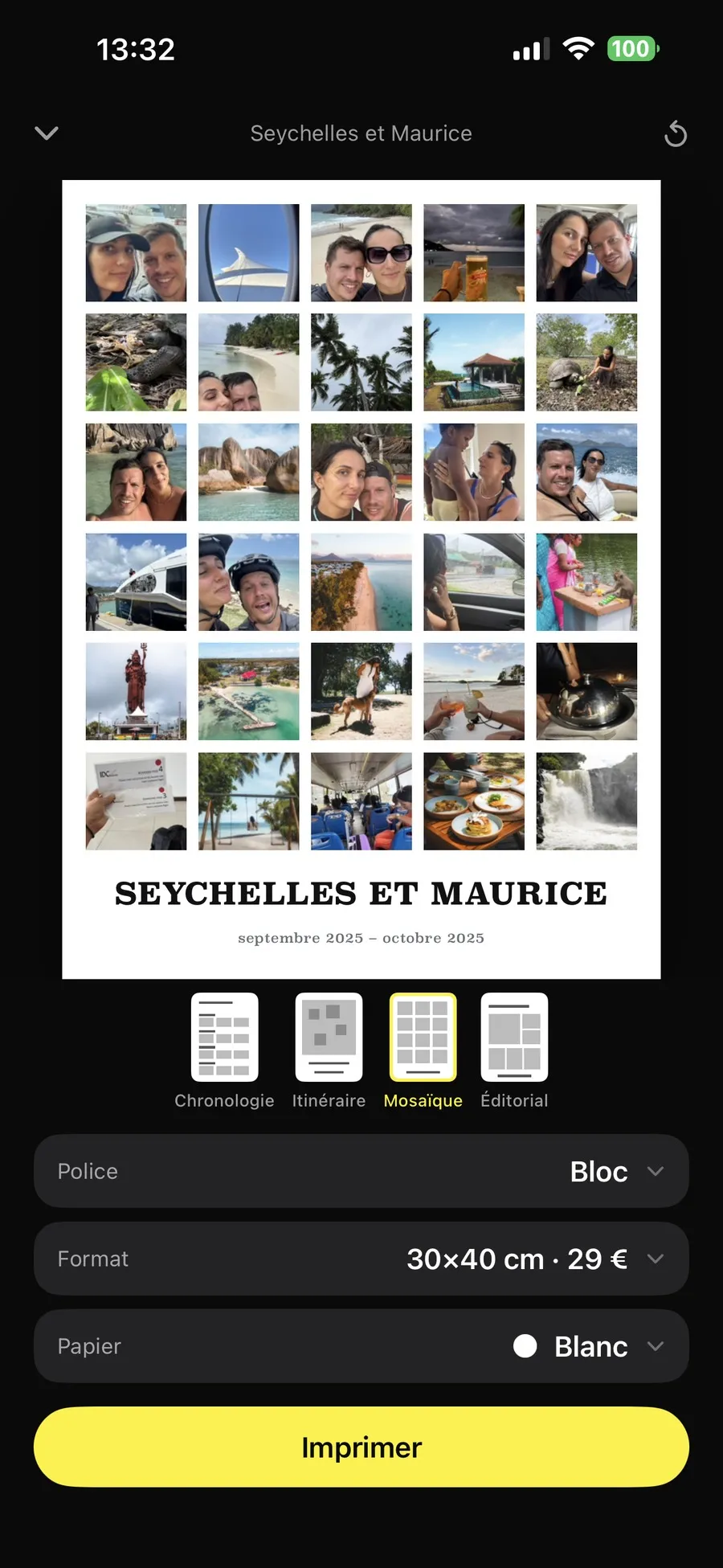 Éditeur d'affiche de Soñj en gabarit mosaïque, trente photos en grille, la police Bloc, le format 30 sur 40 centimètres à 29 euros et le papier blanc