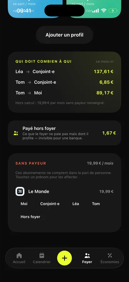 Écran qui doit combien à qui, listant les remboursements entre membres du foyer et les abonnements sans payeur
