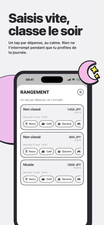Écran de rangement du soir proposant de classer trois dépenses non catégorisées d'un tap