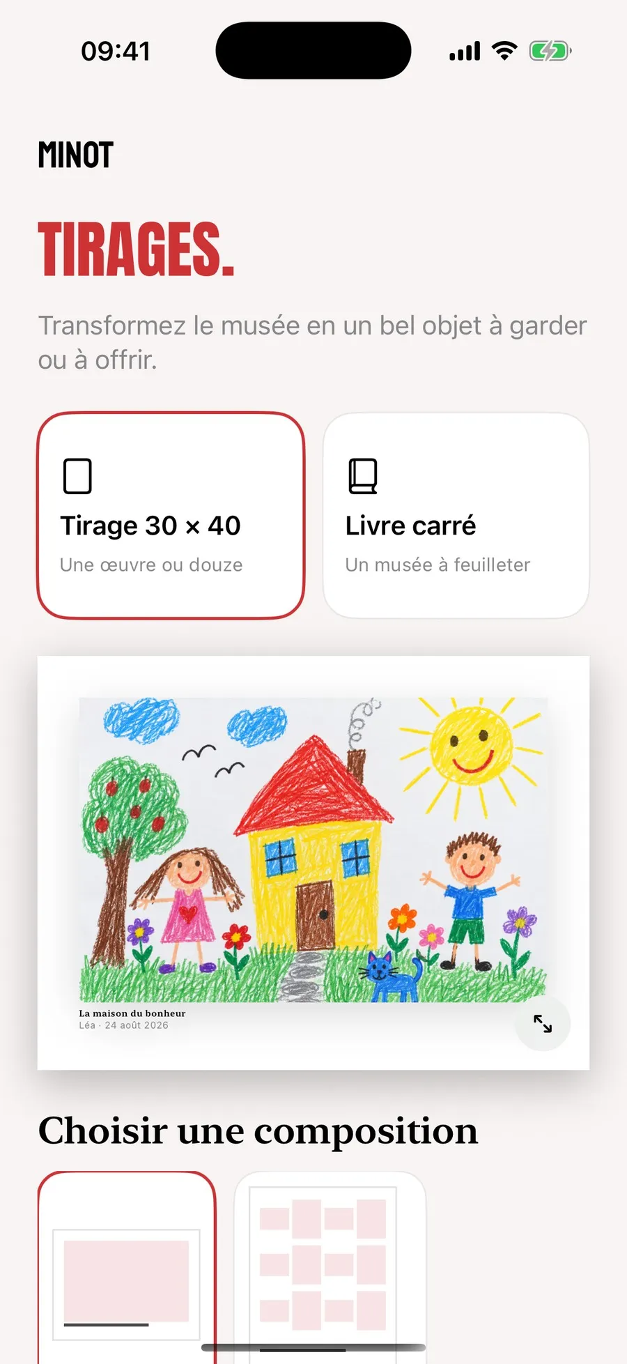 L'onglet Tirages de Minot proposant le tirage 30 par 40 et le livre carré, avec l'aperçu d'une composition portant le titre, l'artiste et la date sous le dessin
