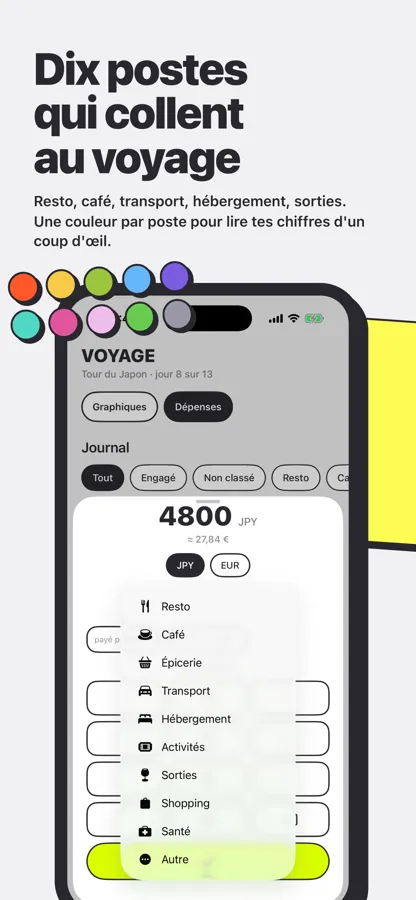 Sélecteur des dix postes de dépense de Waycash, chacun avec sa couleur
