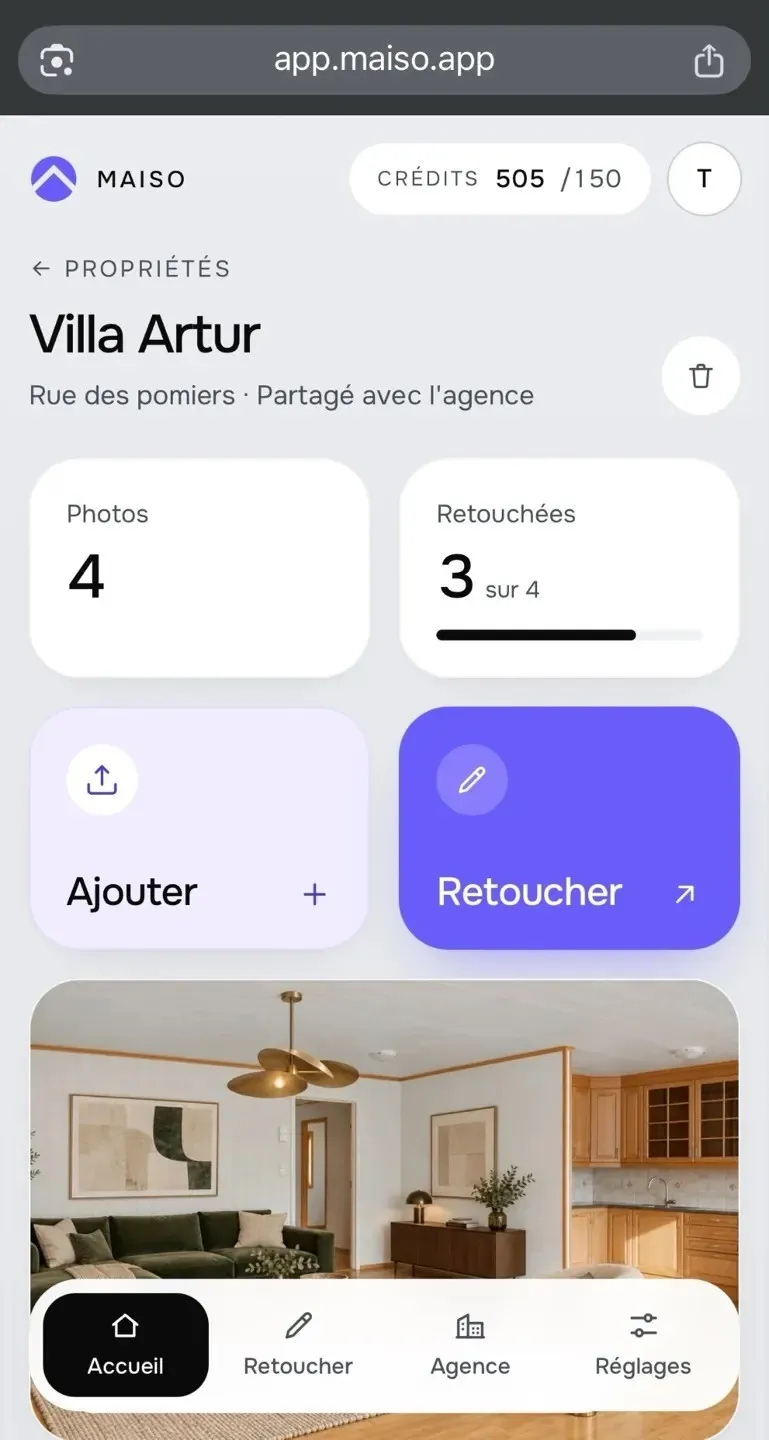 Maiso sur téléphone : un dossier de bien avec ses photos et le bouton pour lancer un traitement